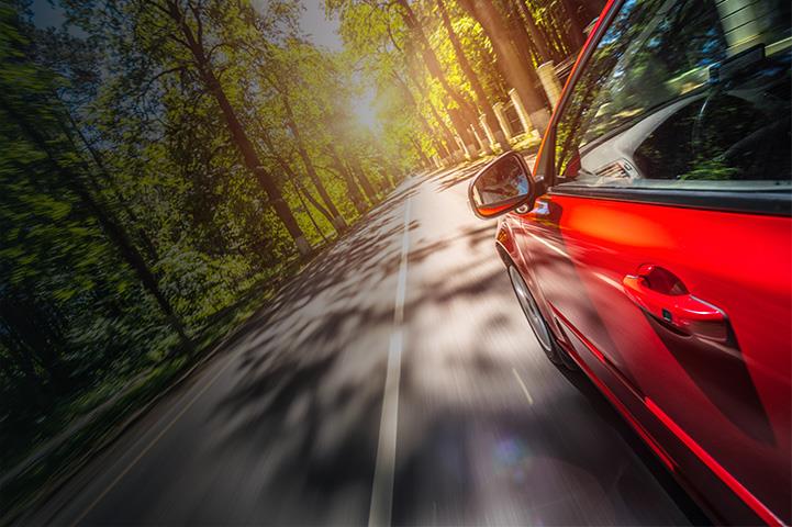 car driving on road lined with trees
